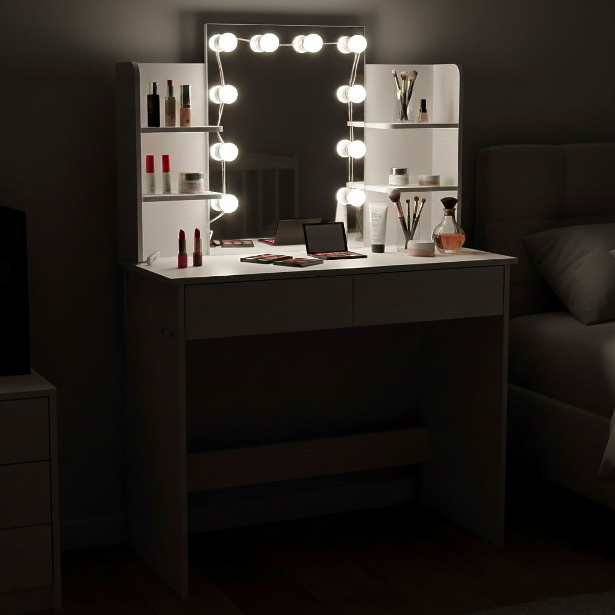Large Cosmetic Vanity Table with Mirror and LED Lighting 3 Colors Shelves Drawers ModernHome