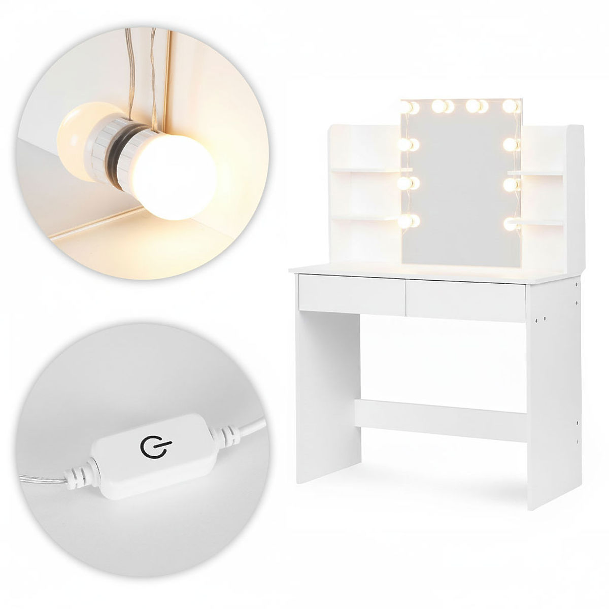 Large Cosmetic Vanity Table with Mirror and LED Lighting 3 Colors Shelves Drawers ModernHome