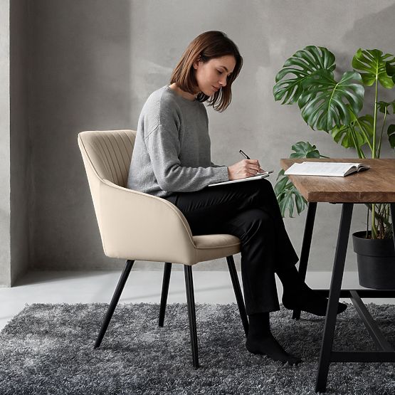 6x Velvet Upholstered Chair with Stitching Beige FLORENCE Black Legs