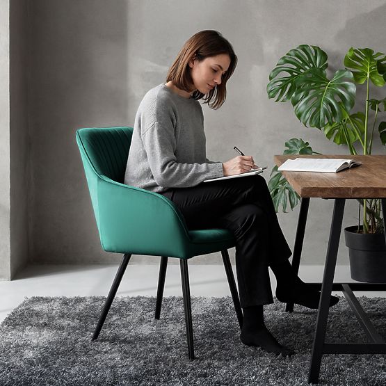 6x Velvet Upholstered Chair with Stitching Bottle Green FLORENCE Black Legs