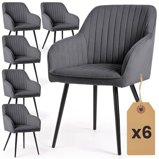 6x Velvet Upholstered Chair with Stitching Dark Graphite FLORENCE Black Legs