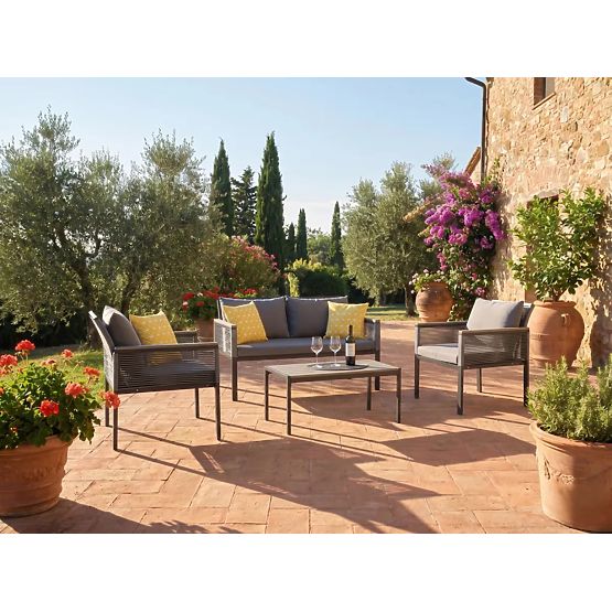 Aluminum Garden Furniture Set (2 x Armchair, Sofa + Table) CORTO Round Gray Technorattan