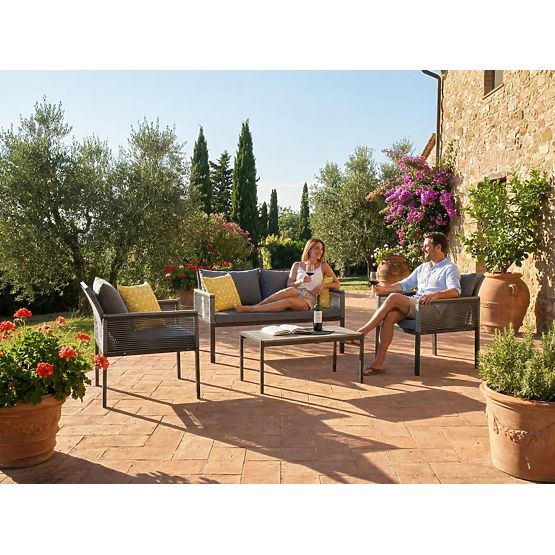 Aluminum Garden Furniture Set (2 x Armchair, Sofa + Table) CORTO Round Gray Technorattan