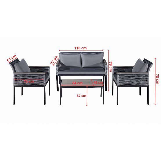 Aluminum Garden Furniture Set (2 x Armchair, Sofa + Table) CORTO Round Gray Technorattan