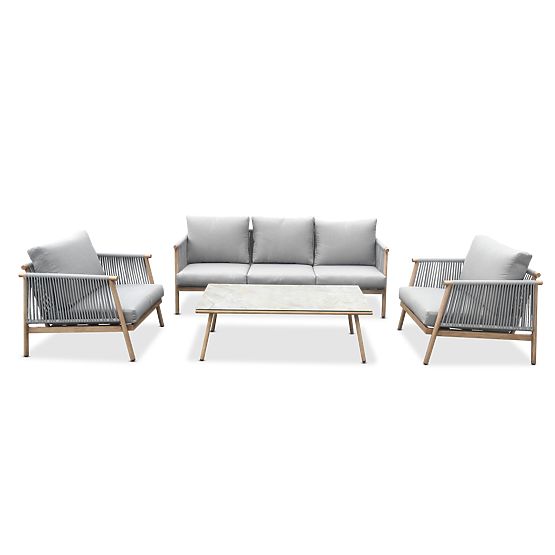Aluminum Patio Furniture Set (Large Sofa, 2 Armchairs, and Table) BLANDO Light Gray, Aluminum