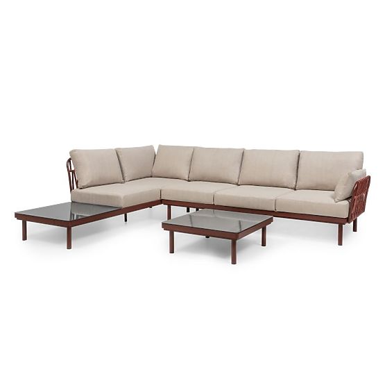 Amarello Garden Corner Sofa with Table, Aluminum, Wicker, Light Beige/Burgundy Brown