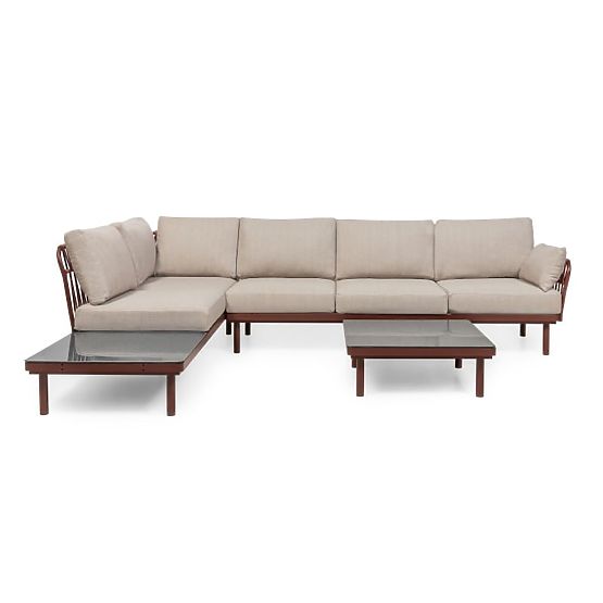 Amarello Garden Corner Sofa with Table, Aluminum, Wicker, Light Beige/Burgundy Brown