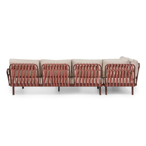 Amarello Garden Corner Sofa with Table, Aluminum, Wicker, Light Beige/Burgundy Brown