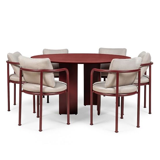 Amarello Garden Set, Round Table 140 cm + 6 Chairs, Aluminum, Burgundy Brown