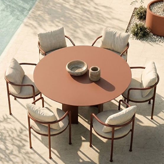 Amarello Garden Set, Round Table 140 cm + 6 Chairs, Aluminum, Burgundy Brown