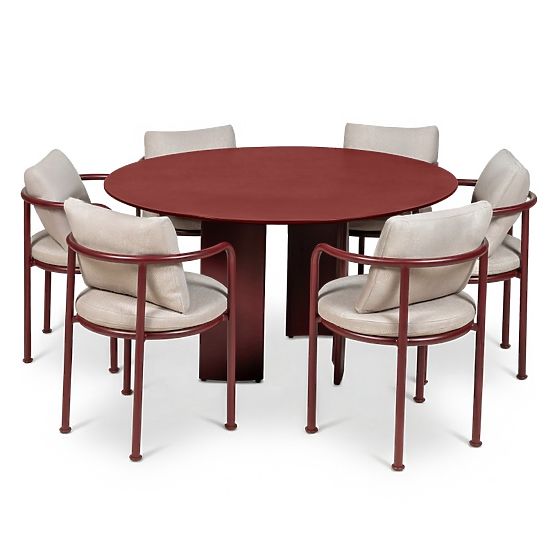 Amarello Garden Set, Round Table 140 cm + 6 Chairs, Aluminum, Burgundy Brown