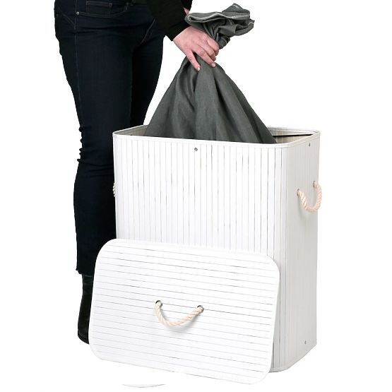 Bamboo Laundry Basket 2 Compartments White-Grey
