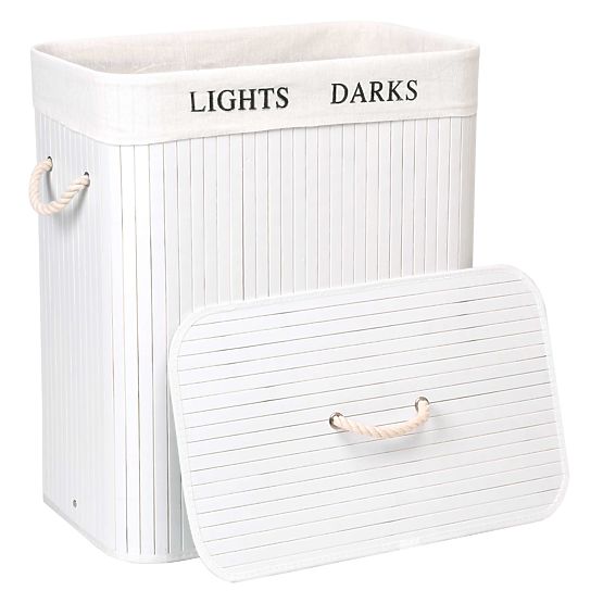 Bamboo Laundry Basket with Lid 100L 2 Compartments White
