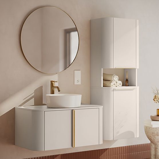 Bassa 80 cm Vanity Cabinet for Countertop, Cashmere, Gold Handles, Rounded