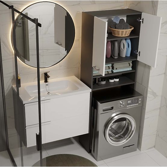Bathroom Cabinet Above Washing Machine POLA DK ANTHRACITE WHITE Shelf Column 180X64X30