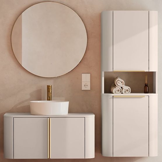 Bathroom Cabinet, Bassa Column in Cashmere, Gold Handles, Rounded
