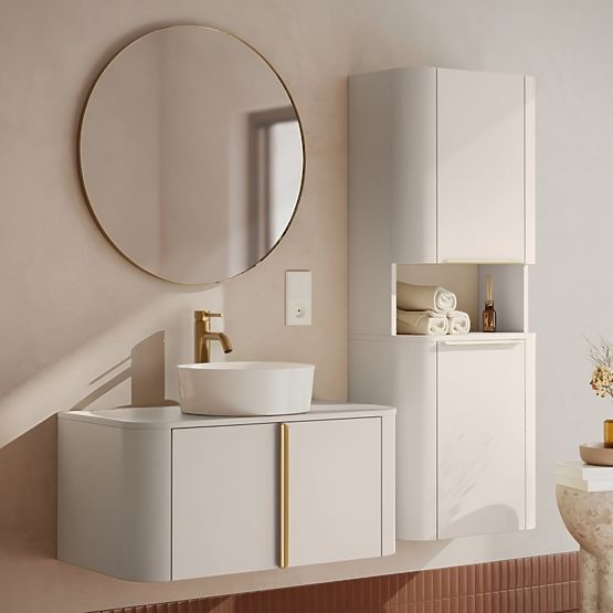 Bathroom Cabinet, Bassa Column in Cashmere, Gold Handles, Rounded