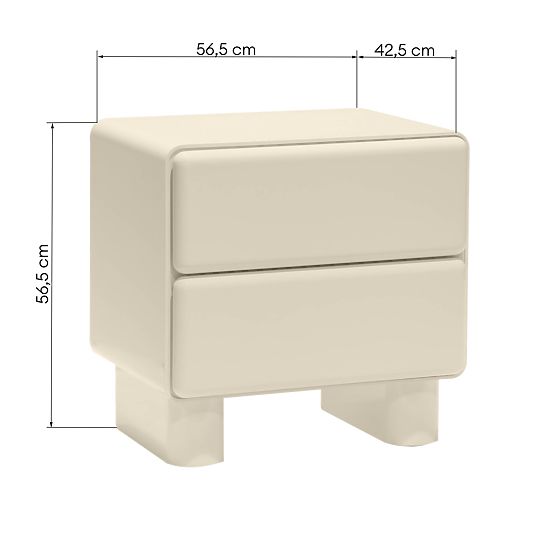 Bedside Table with Drawers Lagos, Cream White, Rounded, Glossy