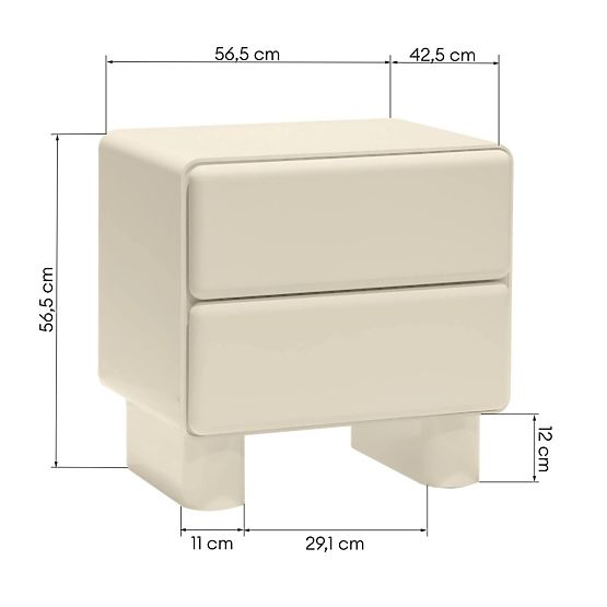 Bedside Table with Drawers Lagos, Cream White, Rounded, Glossy