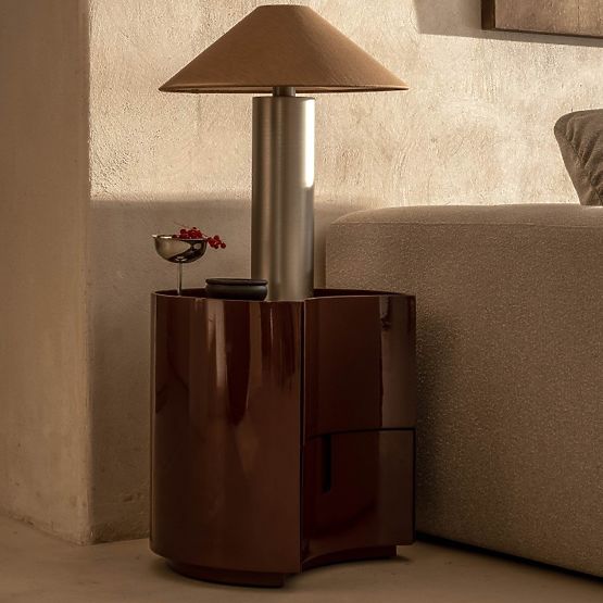 Bedside Table with Drawers Vena, Burgundy/Brown, Rounded, Glossy