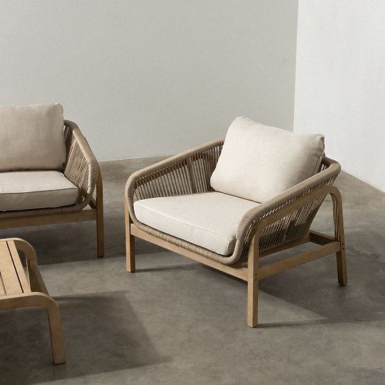 Belpasso Garden Furniture Set, Wicker, FSC Eucalyptus Wood, Teak Look, Light Beige