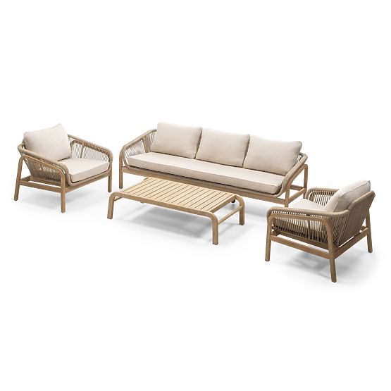 Belpasso Garden Furniture Set, Wicker, FSC Eucalyptus Wood, Teak Look, Light Beige