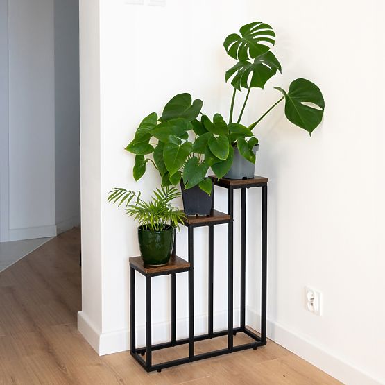 Black Plant Stand Loren Rustic Aged Oak