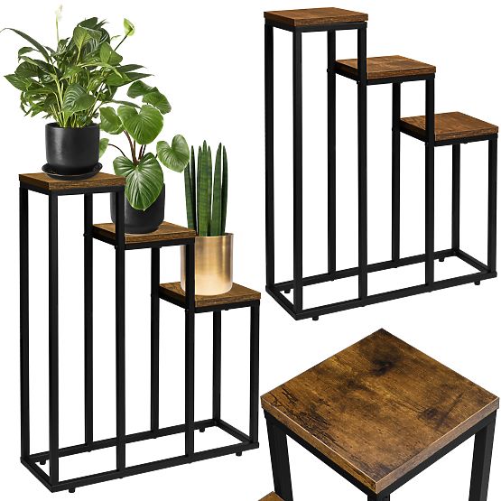 Black Plant Stand Loren Rustic Aged Oak