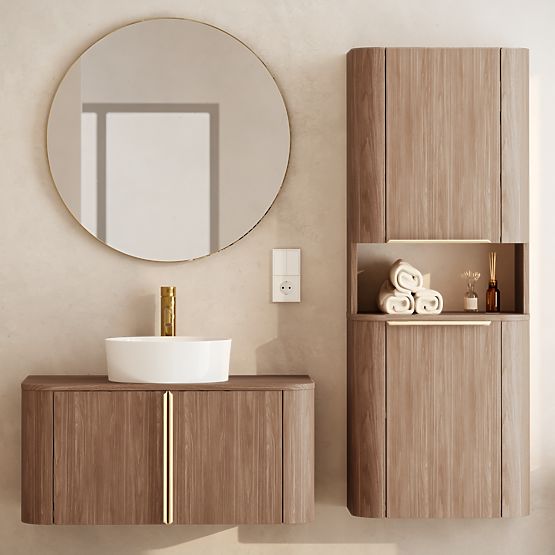 Cabinet for Basin on Countertop Bassa 80 cm, Lincoln Walnut, Gold Handles, Rounded