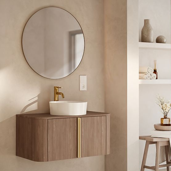 Cabinet for Basin on Countertop Bassa 80 cm, Lincoln Walnut, Gold Handles, Rounded