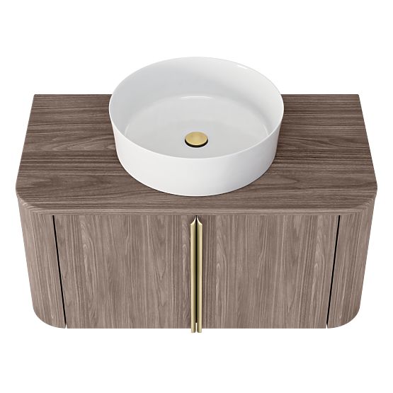 Cabinet for Basin on Countertop Bassa 80 cm, Lincoln Walnut, Gold Handles, Rounded
