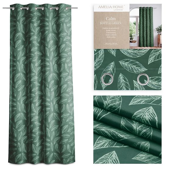 CALM Curtain Bottle Green Color Printed Plant Motif Classic Style Silver Metal Rings
