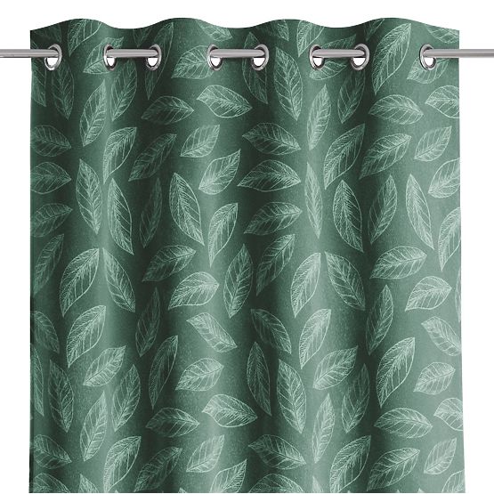 CALM Curtain Bottle Green Color Printed Plant Motif Classic Style Silver Metal Rings