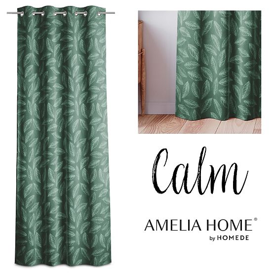 CALM Curtain Bottle Green Color Printed Plant Motif Classic Style Silver Metal Rings