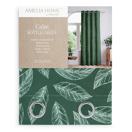 CALM Curtain Bottle Green Color Printed Plant Motif Classic Style Silver Metal Rings