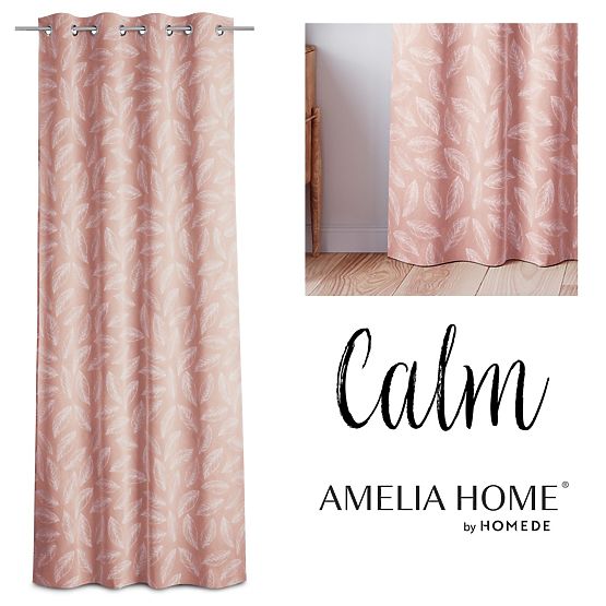 CALM Curtain Powder Pink Color with Printed Plant Motif Classic Style Silver Metal Eyelets