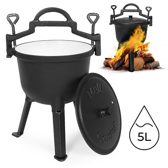 Cast Iron Enamelled 5L Standing Pot Hunting Campfire Grill MultiGarden