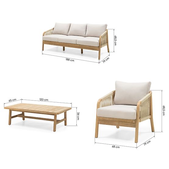 Castello Garden Furniture Set, Wicker, FSC Acacia Wood, Teak Finish, Beige