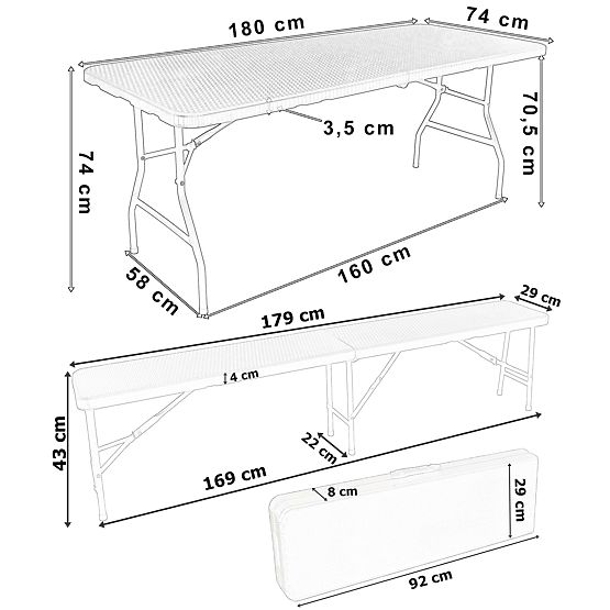 Catering Set Rattan Brown Table 180 cm + 2 Benches