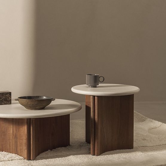 Coffee Table Marlo 80 cm, Cream White/Walnut, Microcement