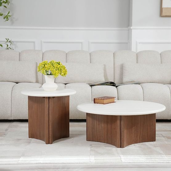 Coffee Table Marlo 80 cm, Cream White/Walnut, Microcement