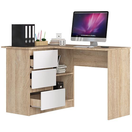 CORNER DESK B16 124 cm LEFT 3 DRAWERS OAK SONOMA / WHITE