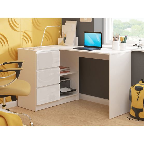 CORNER DESK B16 124 cm LEFT 3 DRAWERS WHITE / WHITE GLOSS