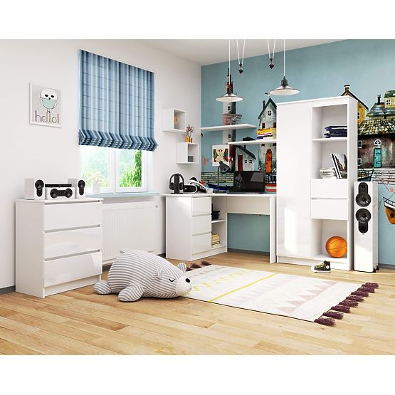 CORNER DESK B16 124 cm LEFT 3 DRAWERS WHITE / WHITE GLOSS