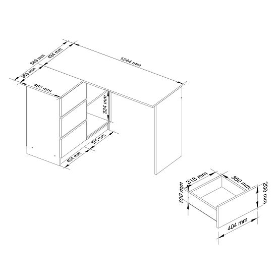 CORNER DESK B16 124 cm LEFT 3 DRAWERS WHITE / WHITE GLOSS