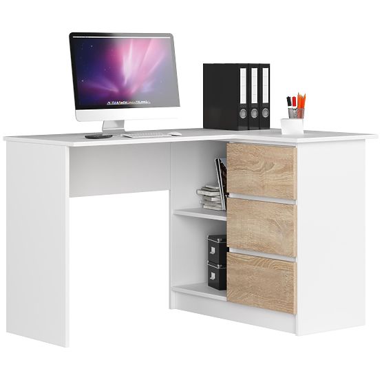 CORNER DESK B16 124 cm RIGHT 3 DRAWERS PK WHITE / SONOMA