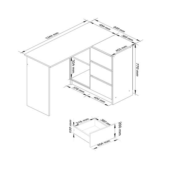 CORNER DESK B16 124 cm RIGHT 3 DRAWERS PK WHITE / WHITE GLOSS