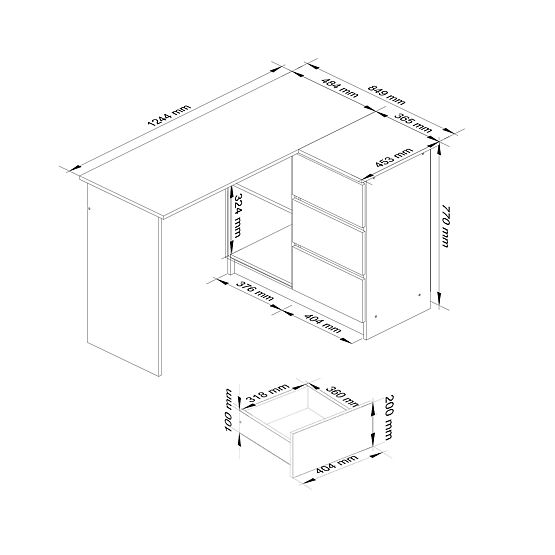 CORNER DESK B16 124 cm RIGHT 3 DRAWERS WHITE