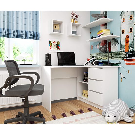 CORNER DESK B16 124 cm RIGHT 3 DRAWERS WHITE