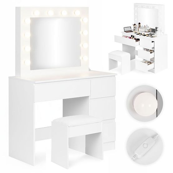 Cosmetic Dressing Table with Mirror and LED Lighting 4 Drawers Stool ModernHome